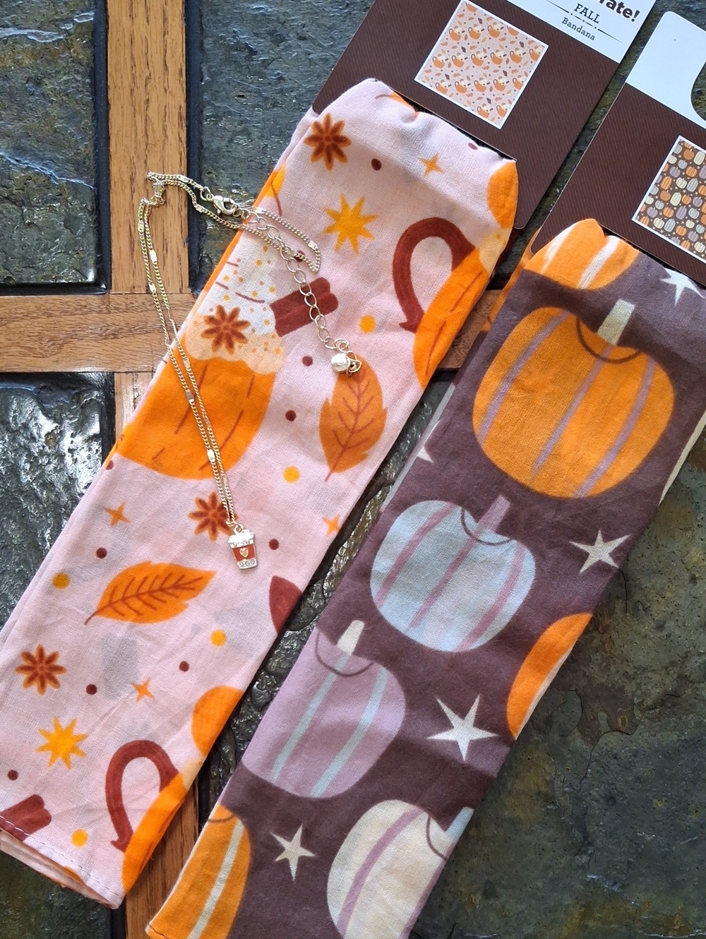 Gold-Tone Pumpkin Spice Latte Necklace & Bandana/Twilly Bundle